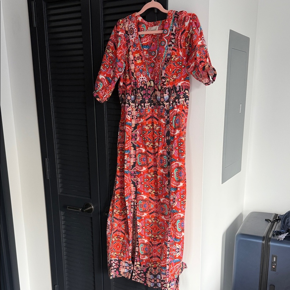 Anthropologie Red and Blue Patterned Long Sleeve Dress